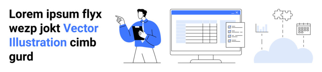 Person holding clipboard pointing at data table on monitor, cloud connections, document icons. Ideal for data management, business analytics, cloud computing, organization, remote work, digital