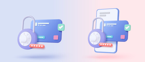 3D credit card financial security for online shopping, financial transactions, online payment credit card with payment protection concept. 3d business finance vector icon render illustrator
