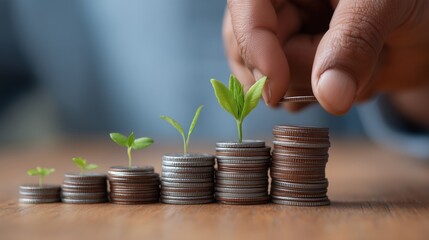Person stacking coins with sprouting plants representing growth in the green economy