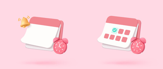 3d calendar icon signs with notice for important reminder. Calendar with red danger attention bell or emergency notifications loud concept. 3d schedule alarm warning icon vector render illustration