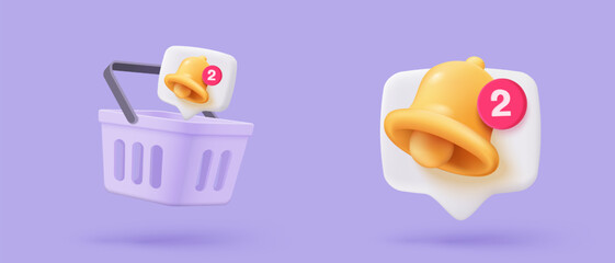 3d shopping bag with bell icon and push bubble notification online concept. Basket alert for discount promotion. Shopping bag for buy and sale. 3d bell alarm vector icon render illustration