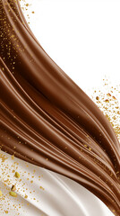 Rich chocolate flowing gracefully with golden sprinkles against a white background