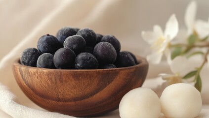 Frozen Berries in Wooden Bowl with Mochi