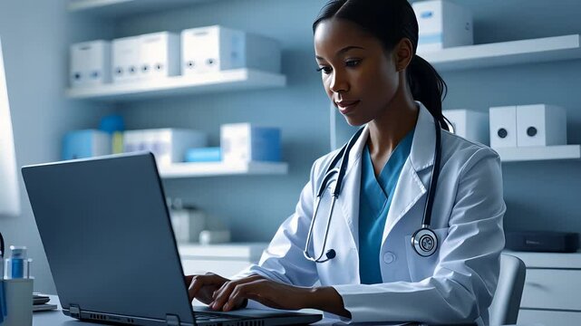 Female doctor in white coat using laptop in modern medical office, working on patient records or healthcare data in a clean clinical setting

