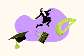 Sketch image trend artwork montage photo collage of copyspace graduation hat ruler young schoolgirl jump lesson nerd pupil school season