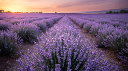 Obraz premium Breathtaking lavender field at sunset showcasing rows of purple flowers and golden sky