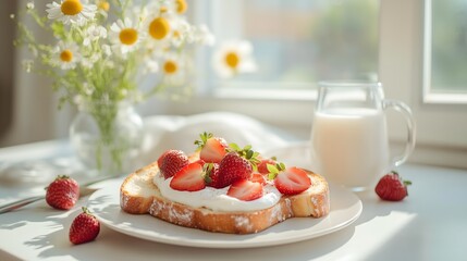 Strawberry Cream Toast: A delightful slice of toast topped with fresh strawberries and creamy spread, accompanied by a glass of milk and a bouquet of daisies. Sunlit breakfast table.
