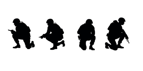 Detailed crouching army figure silhouette, representing discipline, cover tactics, and battlefield realism. Perfect for use in tactical branding or war-themed art.