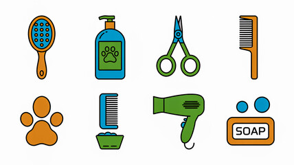 Pet grooming salon tools equipment set vector illustration for dog cat care service and spa accessories