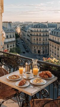 Romantic Parisian breakfast with croissants and juice on balcony with city view of classic French street