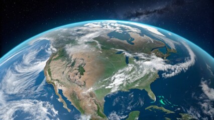 Fototapeta premium North America and surrounding oceans viewed from space, showcasing Earth's atmosphere, clouds, and natural landforms.