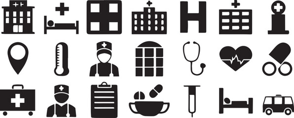 Isolated Hospital Healthcare Service Icons, Solid Black Style, Modern Editable Set, Medical Symbols, Health Care Tools, Emergency Icons, Patient Care, Clean Vector Design, Minimalistic Illustration