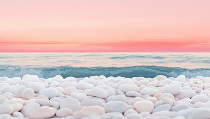 Serene Coastal Sunset with White Pebbles