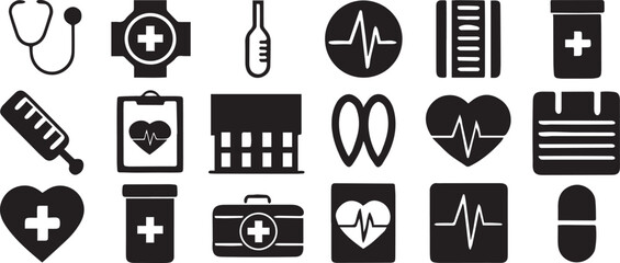 Isolated Healthcare Medical Icons, Modern Editable Black Stroke, Line Art Style, Hospital Tools, Health Symbols, Doctor Equipment, First Aid Elements, Clean Minimal Design, Vector Illustration