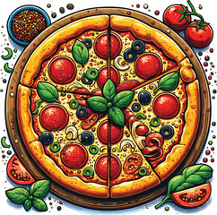 Delicious Cartoon Pizza Vector Illustration with Toppings and Herbs – Hand-Drawn Style