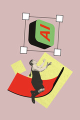 Vertical artwork pop collage of happy schoolgirl jump artificial intellect tab icon futuristic modern technology elearn digital