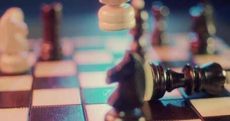 chess, chessboard, close-up, chess pieces, game, strategy, board game, intelligence, thinking, decision making, wooden, smart, competition, planning, move, king, queen, rook, pawn, knight, bishop, che - Powered by Adobe