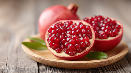 Fresh pomegranate halves with glowing red seeds on wooden plate for healthy eating and natural decor