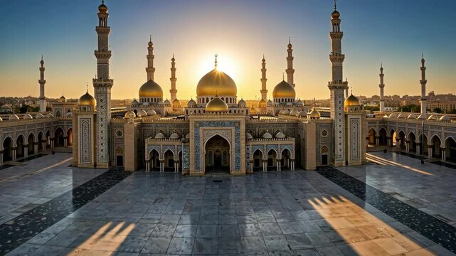 Stunning Sharjah Mosque, golden sunset, architectural marvel