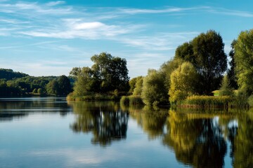 Obraz premium Serene Lakeside Landscape Tranquil Water Reflecting Lush Green Trees and Blue Sky