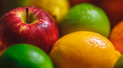 Colorful fruit assortment: apple, lime, lemon, orange in natural background