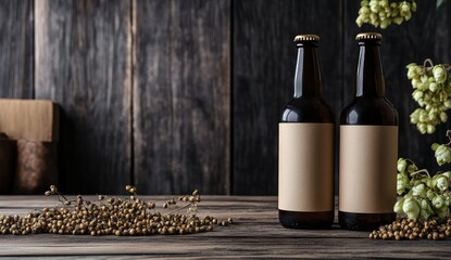 Two bottles of craft beer on a rustic wooden table
