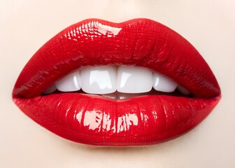 Obraz premium Sexy female lips with dripping red lip gloss and white teeth on an isolated white background