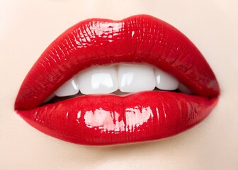 Obraz premium Sexy female lips with dripping red lip gloss and white teeth on an isolated white background
