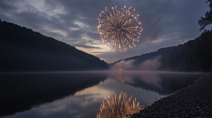Fireworks Over Serene Lake: Capture the magic of a stunning firework display illuminating a tranquil lake, reflecting in the water beneath the evening sky, between mountains and the horizon. 