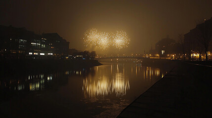 Fireworks Over City River: A captivating nightscape features a symphony of fireworks illuminating a serene river and a city skyline. The image captures the festive spirit and vibrant reflections.