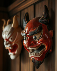 Japanese Masks: An evocative close-up captures two traditional Japanese masks, one red, one ivory, adorning a wooden wall, showcasing intricate craftsmanship and cultural heritage.