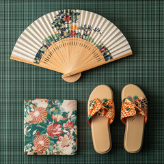 Asian fan and sandals: A traditional Asian folding fan, a folded fabric, and a pair of sandals are displayed, each exhibiting intricate design and craftsmanship, all against a textured background.