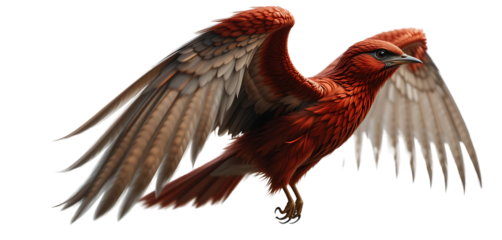 Redwing flying mid-air, wings open in curved motion.
Photorealistic detail, no shadow, transparent background.