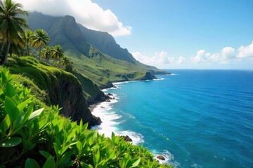 Obraz premium Lush green Hawaiian landscape, volcanic rock formations, vibrant tropical flora, tranquil ocean view, stunning island scenery, paradise found , natural beauty, serenity