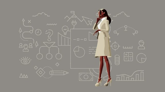 A stylish business girl has drawn a strategic plan on a whiteboard and is analyzing how to implement it into a business.