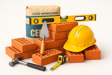 Set of Construction Tools and Building Materials Arranged on White Background for Industrial and DIY Projects