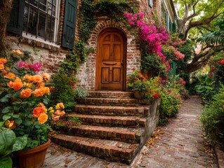 Fototapeta premium Charming Brick Pathway Leading to a Quaint Garden Doorway