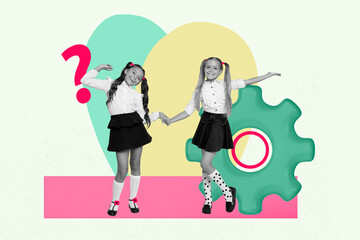 Template sketch trend photo collage of two young girl hand hold together stand cogwheel question education autumn season elementary study