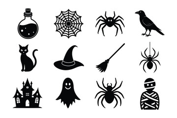 Naklejka premium Halloween Icons Set Witch, Ghost, Spider, Haunted House, and More