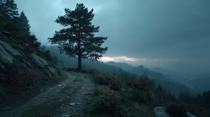 A serene mountain landscape with a solitary tree and a misty atmosphere, perfect for nature lovers and adventurers.