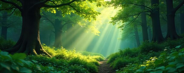 Obraz premium Lush, deep forest scene with dappled sunlight filtering through leaves, creating a magical atmosphere Perfect for fantasy, fairytale, or nature-themed projects , green, vibrant, trees