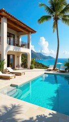 Fototapeta premium Luxurious holiday villa with private pool, spacious outdoor area, and stunning ocean views Perfect for a relaxing getaway or family vacation , family, sun