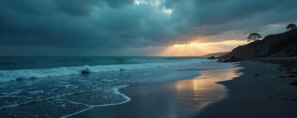 Lonely, windswept beach at dusk; grey sky, dark water, deserted shoreline, somber mood Waves crash against the rocks, conveying a feeling of melancholy and isolation , sky, forlorn