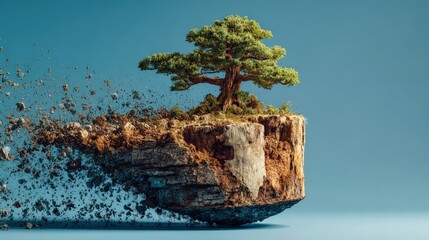 Naklejka premium A surreal depiction of a solitary tree on a floating rock, blending nature and imagination in a stunning visual.