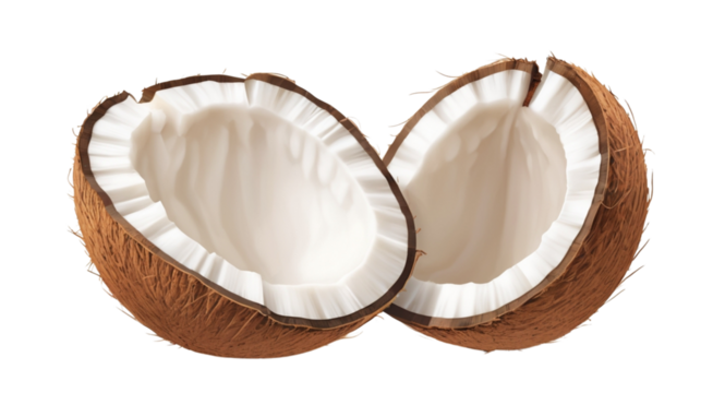 Split coconut halves isolated tropical fruit food
