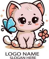 cute kitten with a butterfly logo icon vector .