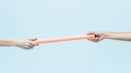 Hands Passing a Baton on Light Blue Background.