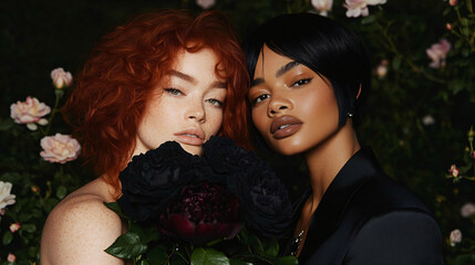 Red-Haired Woman Offering Jasmine Bouquet to Friend in Rose Arbor