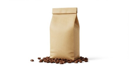 Brown paper coffee bag mockup with roasted beans