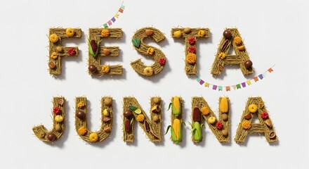 Naklejka premium Festa junina background with straw letters and food decorations for brazilian june party celebration event